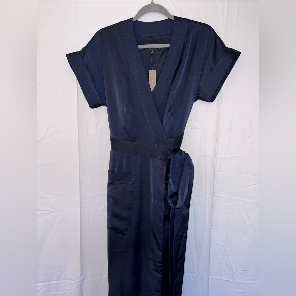 NWT J. Crew navy, satin wrap dress; midi length